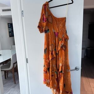 FARM Rio Asymmetrical Orange Dress with Heart Motifs